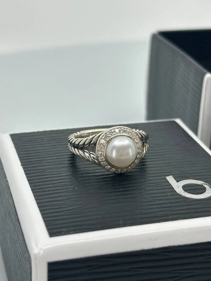 Authentic david yurman women's pearl ring sterling silver and diamonds size 8 - Image 3 of 4