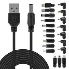 USB To DC Power Cord 3.3 Ft 5V Universal 5.5x2.1mm Plug With 20 Connector Tips