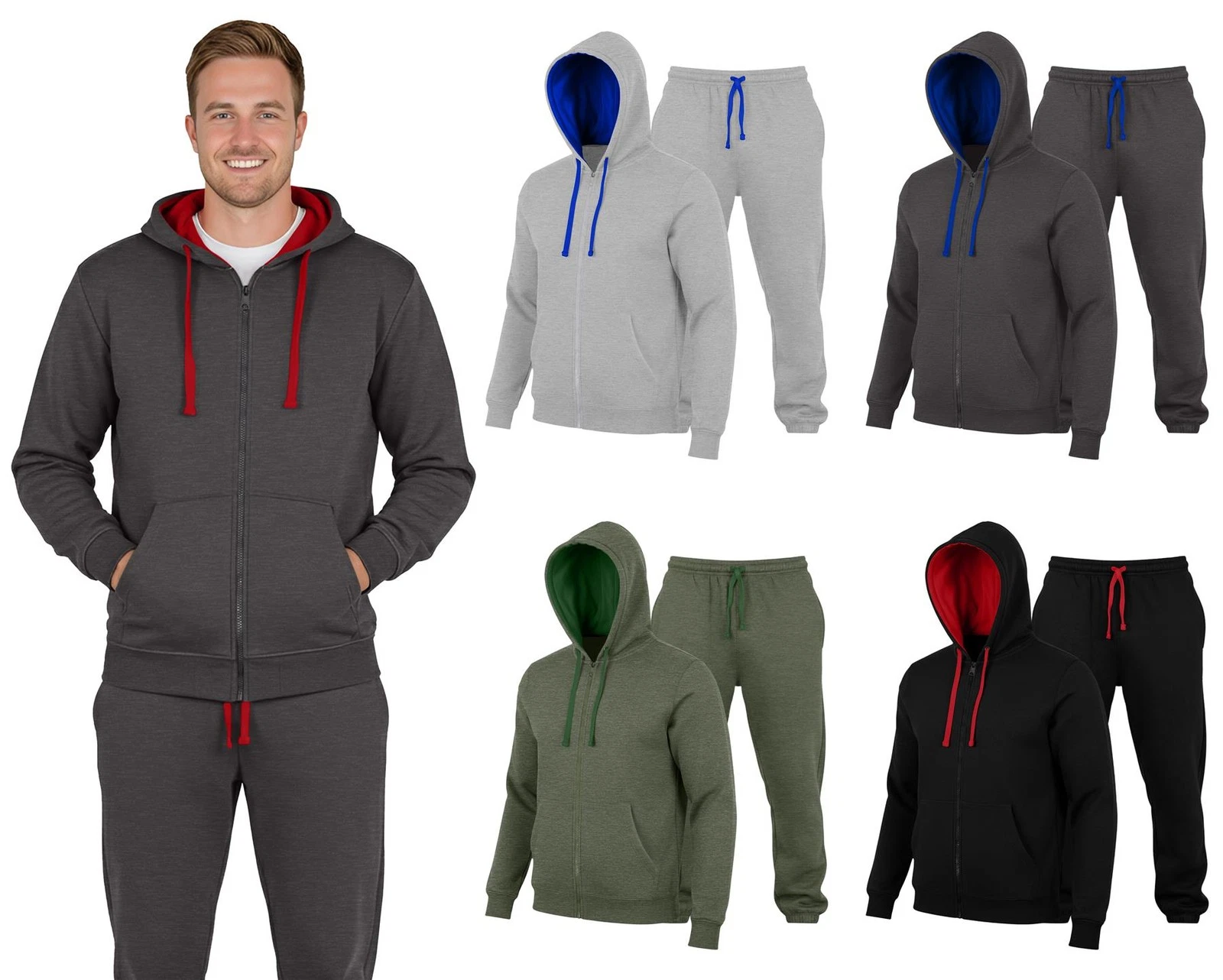 Mens Tracksuit Fleece Top & Bottom Cord Set Zip Up Hoodie Jogging Suit