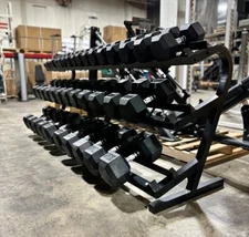 Brand New Rubber Encased Hex Dumbbell Set - 5 To 100lbs And 2 Three Tier Racks