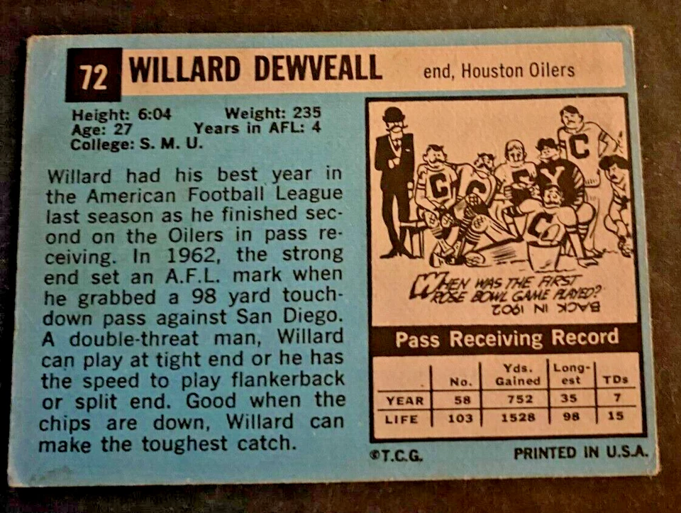 1964 TOPPS FOOTBALL #72 WILLARD DEWVEALL SP * SET BREAK * OILERS * EX/EXMT * - Image 2 of 2