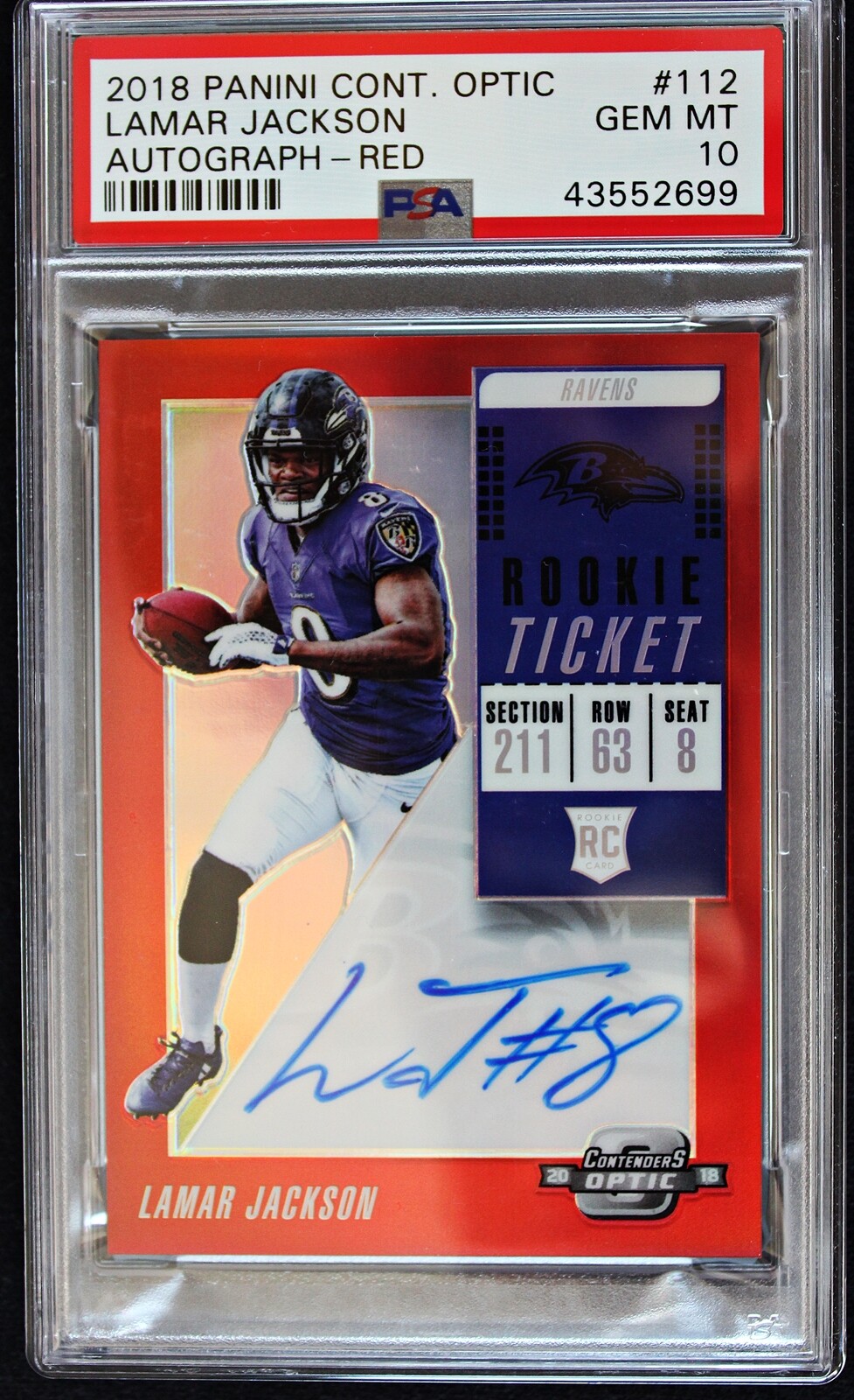 2018 CONTENDERS OPTIC LAMAR JACKSON ROOKIE TICKET AUTO RED /60 #112 RC PSA 10
