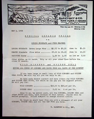 Saretsky & Co. New York Price List May 3 1966 Raw Furs & Skins Muskrat Beaver