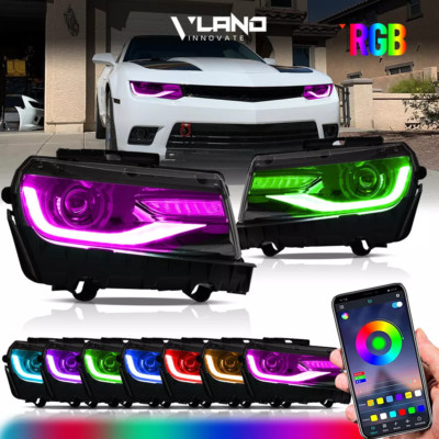 Pair RGB VLAND LED&DRL Sequential Dual Beam Headlight For 2014-2015 Chevy Camaro