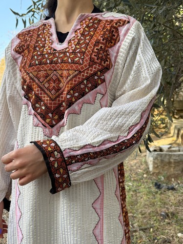 Palestinian Handwoven Vintage White Thobe - Embroidered Palestine Tatreez Dress