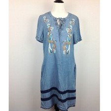 Nanette Lepore Shirt Dress Womens Small Embroidered Birds Pockets Chambray