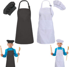 2 Sets Black  White Kids Aprons and Chef Hat Set for Girls Boys Baking Cooking