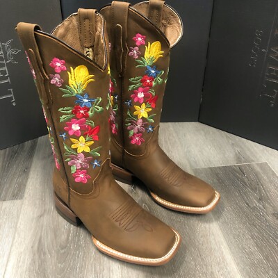 WOMEN'S WESTERN COWGIRL BOOTS FLOWER SHAFT SQUARE TOE SMOOTH LEATHER  072FRIDA