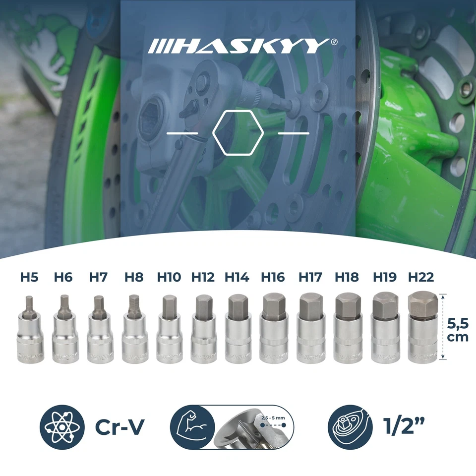 HASKYY 1/2 Zoll Innensechskant Inbus Schlüssel Nuss Set 5-22 mm Stecknüsse 12tlg - Bild 2 von 4