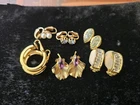 Lot 6 Pair Gold Tone Clip On Earrings Rhinestones Signed Trifari Gay Boyer Vtg