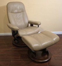 Ekornes Stressless Small Sand Leather "Consul" Swivel Recliner  Ottoman