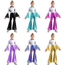 Girls Retro 70s Disco Costume One Piece Shiny Metallic Dance Jumpsuits Outfit