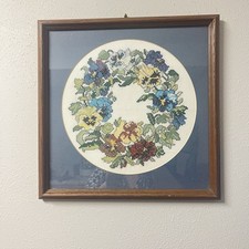 Framed And Matted Cross Stitch Pansy Wreath Vintage Wall Hanging Cottagecore