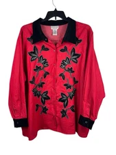 VTG Victor Costa Occasion 3X Red Black Velvet Collar Western Floral Snap Top