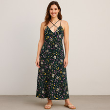 Old Navy Black Floral Maxi Dress Adjustable Straps Sleeveless Boho Size Small