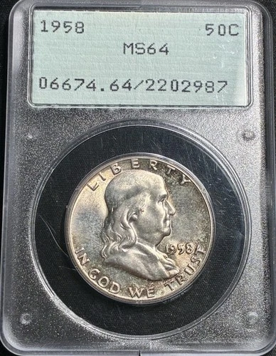 1958 Franklin Half Dollar PCGS MS 64 (OLD RATTLER HOLDER, GREAT COLOR)