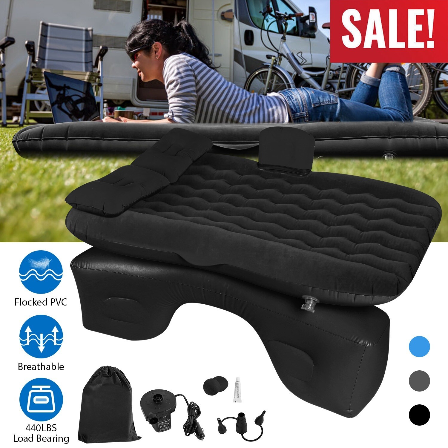 Inflatable Travel Car Air Mattress Back Seat Bed and Rest W/Pillows Pump and Bag