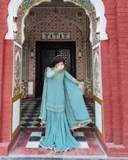 Ethnic Wear Faux Georgette Sky Blue Top Palazzo With Dupatta For Women Girls