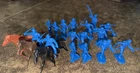 Vintage Marx 54mm Aqua Blue Fort Apache Pioneer Defenders With Horses Lot of 19