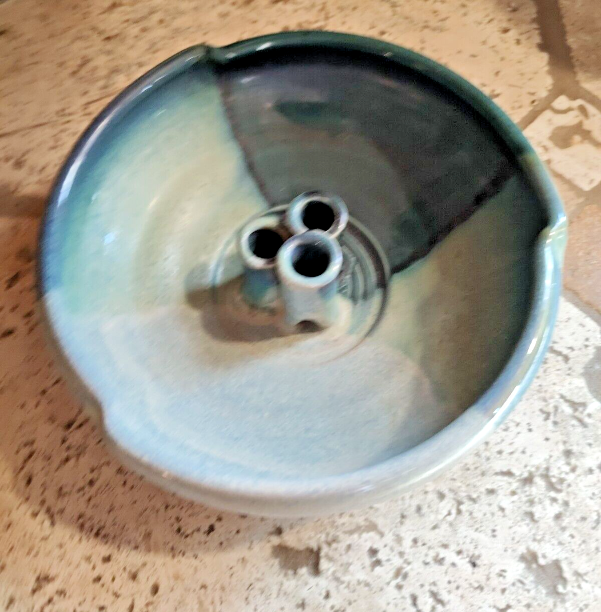Turquoise Blue Pottery Flower Frog Bowl 8” Wide Artist Mark on the Bottom