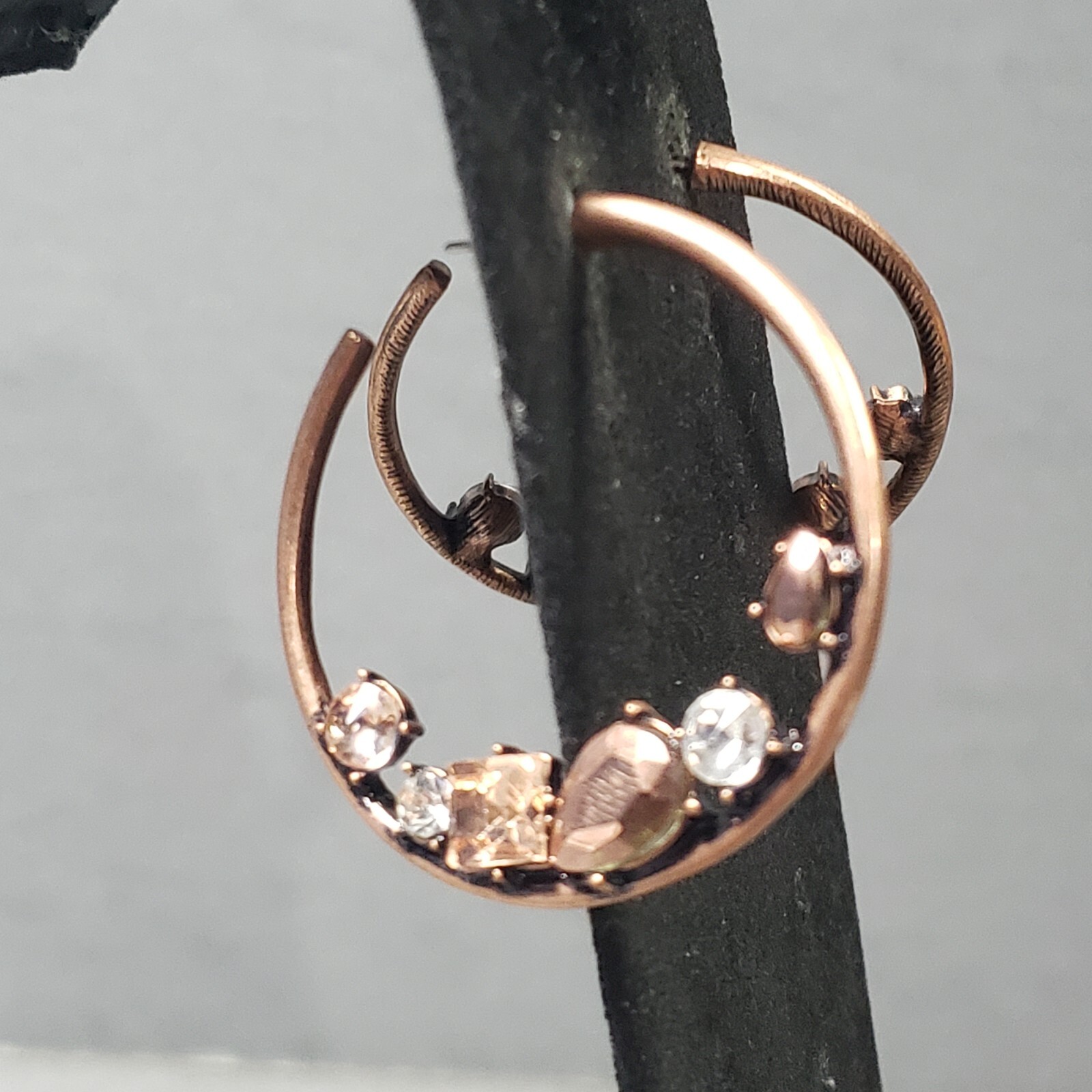 Hoop Earrings Copper Tone Rhinestones Mid Century Modernist Boho Pierce 1.75