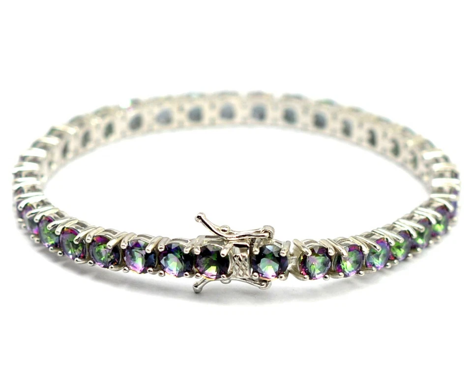 Brazalete Tenis Corte Redondo 5 mm Plata de Ley 925 Piedras Preciosas Topacio Místico Fuego Foto 2 de 4