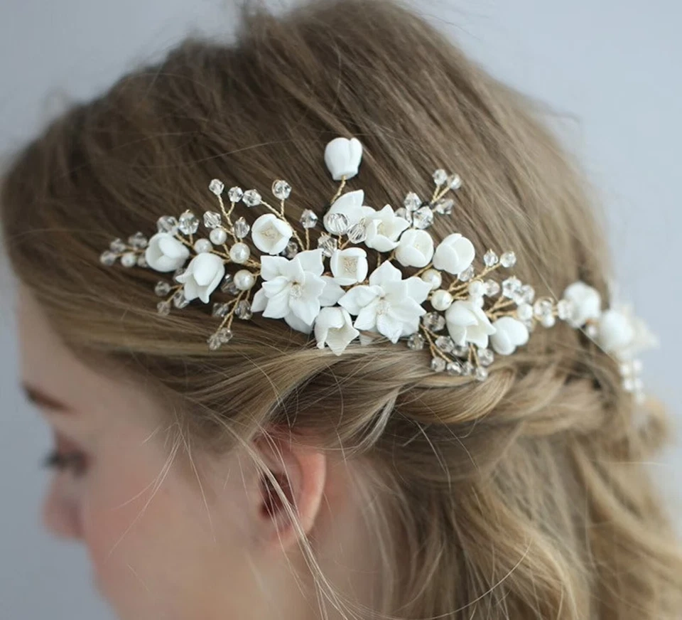 Pinzas para el pelo de cerámica floral de perlas con clase flor elegante regalo de boda Foto 3 de 4
