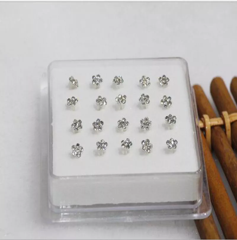 20X Plata Sólida Blanco Ciruela Flor Cristal Barra Recta Barra Nariz Tachuelas Venta al por mayor Foto 3 de 3