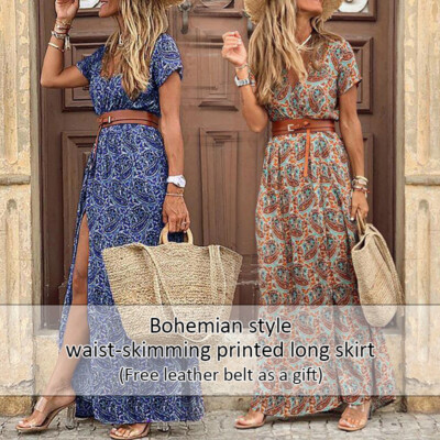 boho dress with belt Boho Women V Neck Short Sleeve Paisley Print Belt Long Dress  Di Amora'  Fashion