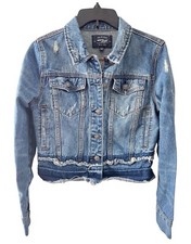 Silver Jean Jacket Built Free Sahara Denim Distressed Ripped Raw Hem Size S