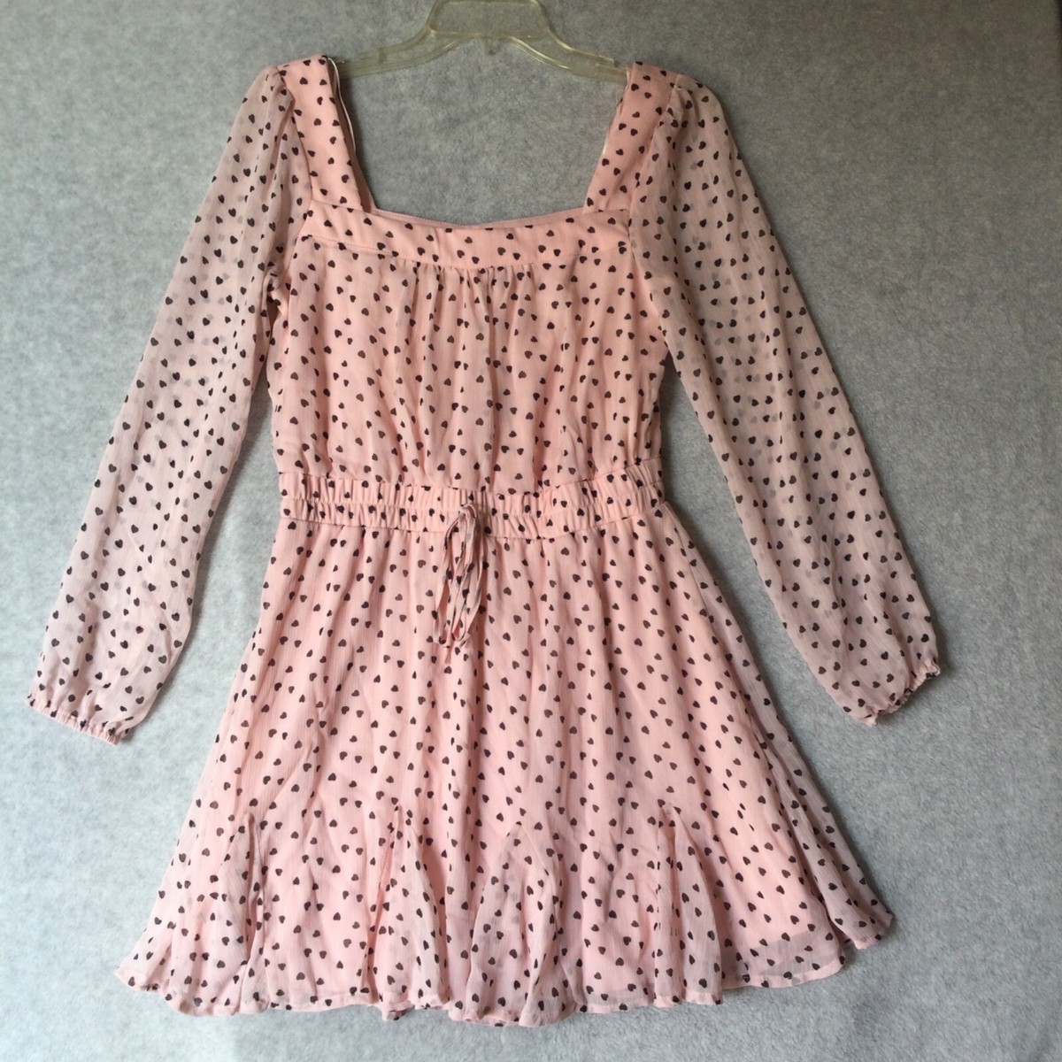 Francescas Mi Ami Dress Womens Small Pink Black Hearts Square Neck Long  Sleeve