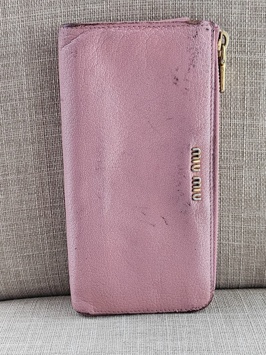 Miu Miu Women Wallet Pink Leather Clutch Wristlet Card Holder Zip
