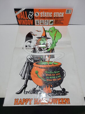 Vintage Halloween Witch Skeleton Static Stick Cling Wall Window Decoration 1996