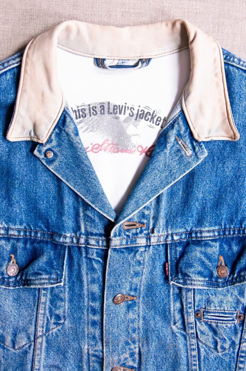 VTG Sz L/XL Levi's Leather Collar Denim Trucker Jean Jacket VTG Sz L/XL Levi's Leather Collar Denim Trucker Jean Jacket