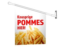 Werbefahne KNUSPRIGE POMMES HIER! - Kioskfahne, Fahnenset komplett Imbiss Fahne