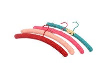 VINTAGE CROCHET-COVERED CLOTHES HANGERS SET OF 4 RED, PINK, TEAL, MAUVE