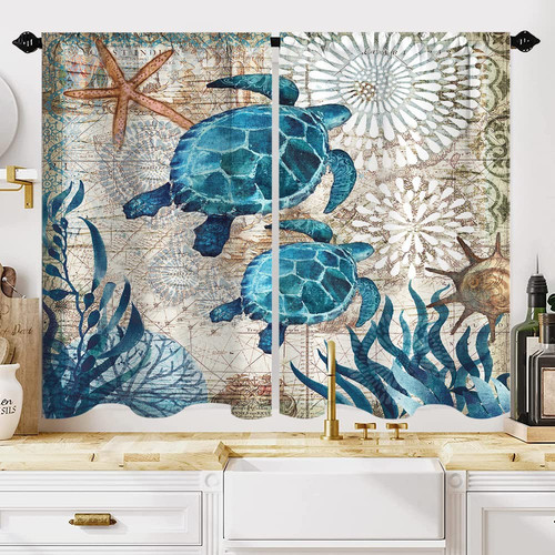 Nautical Blue Sea Turtles Beach Short Kitchen Window Curtains Ocean Starfish ...