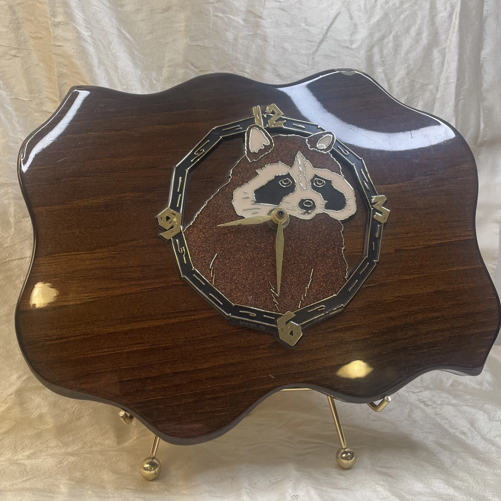 Vintage, Lacquered, Decorative Edged Wood, RACOON Small Wall Clock 11”x8”