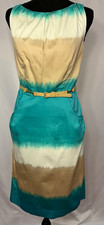 Nine West Turquoise/Beige/White Striped Sheath Dress Belted Pockets Size 4