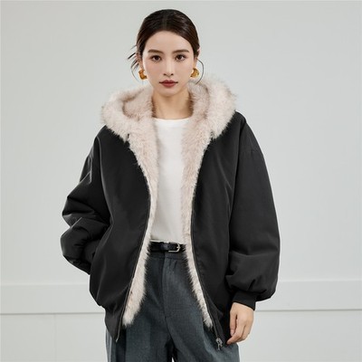 New Faux Fur Jacket Womens Hooded Thick Warm Zipper Fur Lining Warm Short Jacket
