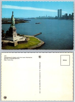 Statue of Liberty NYC Twin Towers WTC Manhattan Skyline Vintage Postcard