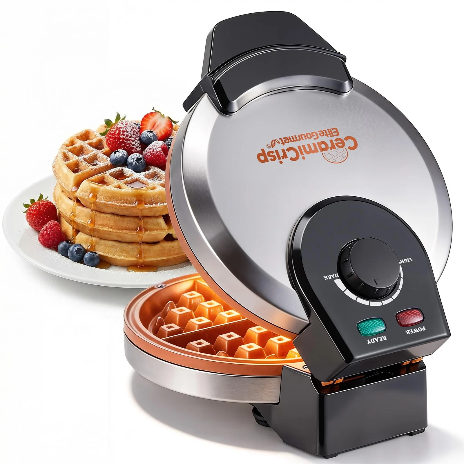 Elite Gourmet Belgian Waffle Maker PFAS-Free CeramiCrisp Ceramic Nonstick
