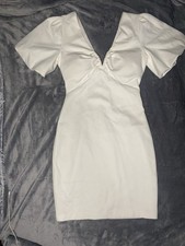Ruched V-Neck Puff Sleeve Bodycon Dress White