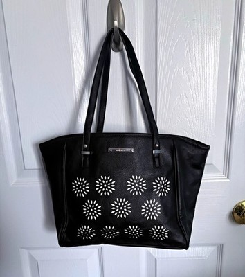 Nine West Black Pebbled Zip Tote Studded Accents Double Handles Black HW