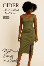 CIDER Olive Ribbed Midi Dress UK10 Adjustable Drawstring Slit  Body-Skimming Fit