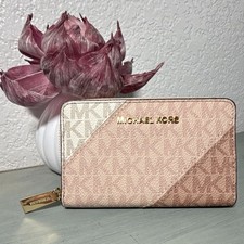 Michael Kors Zip-Around Credit Card Wallet Logo Pattern Pink Beige Women