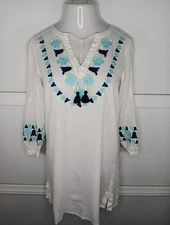 Boden Odetta Kaftan Dress Size 4L White Blue Floral Embroidery Beach Cover Up