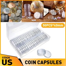 50Pack Clear Coin Capsule Round Plastic Holder 40mm Container Storage Box Case