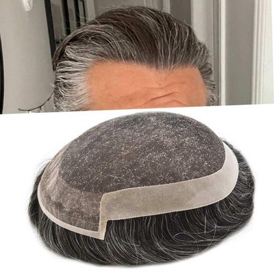 Mens Toupee French Lace Front Hairpiece Poly Skin PU Hair System Replacement US