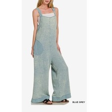 Zenana Blue Grey Washed Double Gauze Wide Leg Tie Back Overalls Large